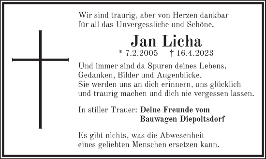 Traueranzeige von Jan Licha von Pegnitz-Zeitung