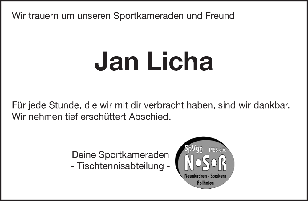  Traueranzeige für Jan Licha vom 25.04.2023 aus Pegnitz-Zeitung