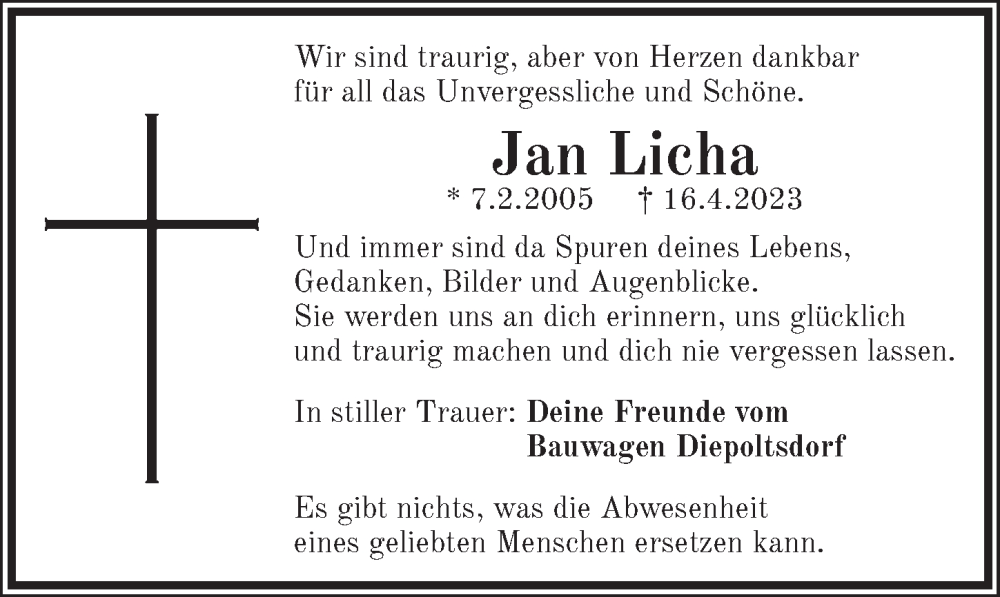  Traueranzeige für Jan Licha vom 22.04.2023 aus Pegnitz-Zeitung