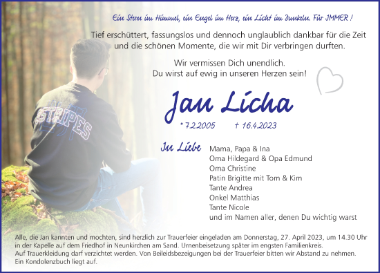Traueranzeige von Jan Licha von Pegnitz-Zeitung