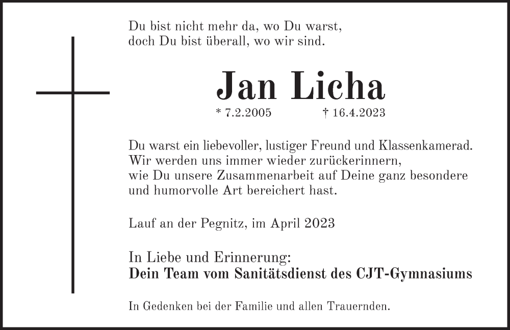  Traueranzeige für Jan Licha vom 22.04.2023 aus Pegnitz-Zeitung
