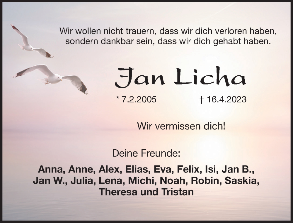  Traueranzeige für Jan Licha vom 26.04.2023 aus Pegnitz-Zeitung