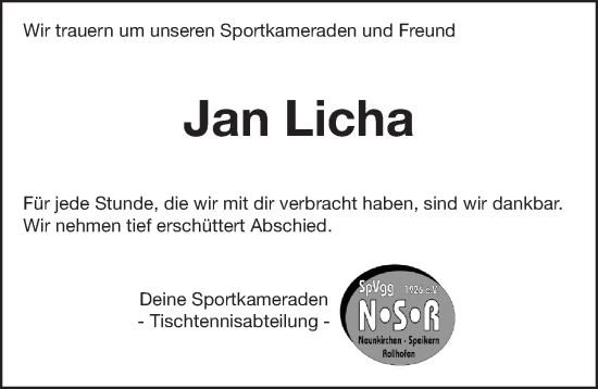Traueranzeige von Jan Licha von Pegnitz-Zeitung