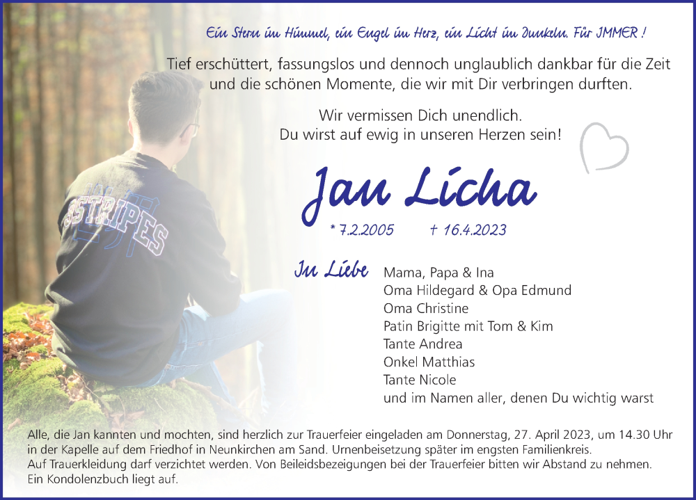  Traueranzeige für Jan Licha vom 22.04.2023 aus Pegnitz-Zeitung