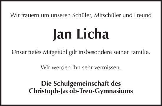 Traueranzeige von Jan Licha von Pegnitz-Zeitung