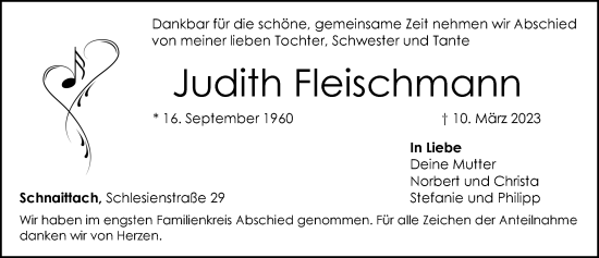 Traueranzeige von Judith Fleischmann von Pegnitz-Zeitung