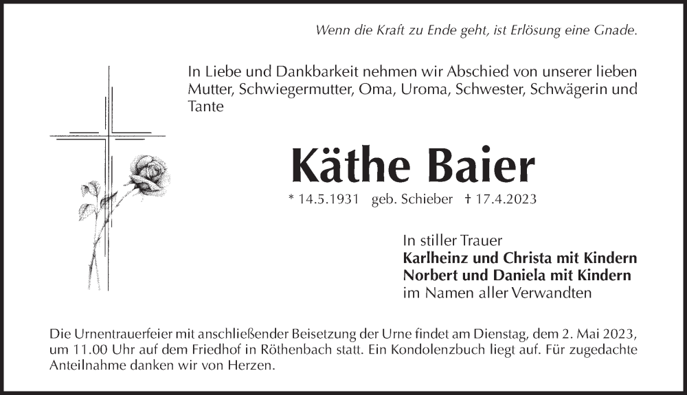  Traueranzeige für Käthe Baier vom 29.04.2023 aus Pegnitz-Zeitung