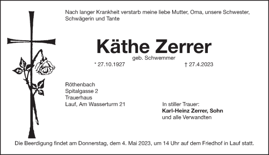 Traueranzeige von Käthe Zerrer von Pegnitz-Zeitung