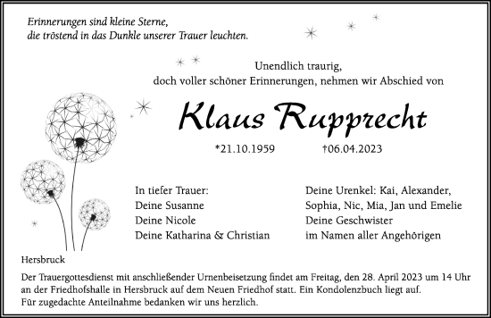 Traueranzeige von Klaus Rupprecht von Hersbrucker Zeitung Lokal