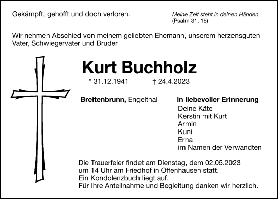 Traueranzeige von Kurt Buchholz von Hersbrucker Zeitung Lokal