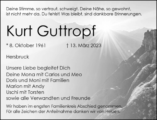 Traueranzeige von Kurt Guttropf von Hersbrucker Zeitung Lokal