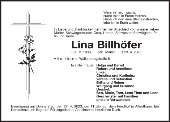 Traueranzeige von Lina Billhöfer von Der Bote
