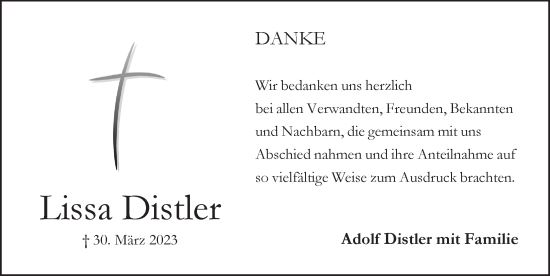 Traueranzeige von Lissa Distler von Pegnitz-Zeitung