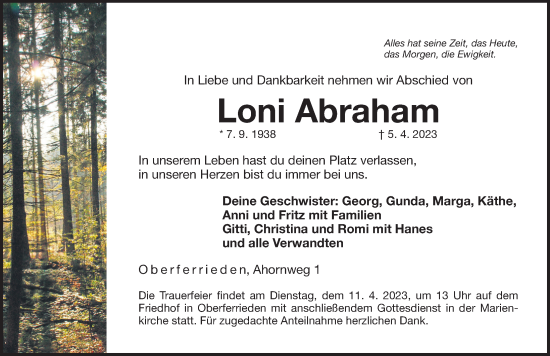 Traueranzeige von Loni Abraham von Der Bote