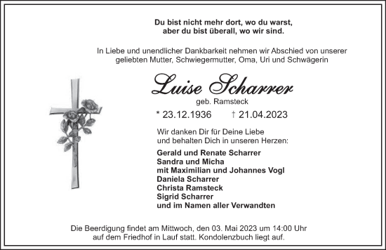 Traueranzeige von Luise Scharrer von Pegnitz-Zeitung