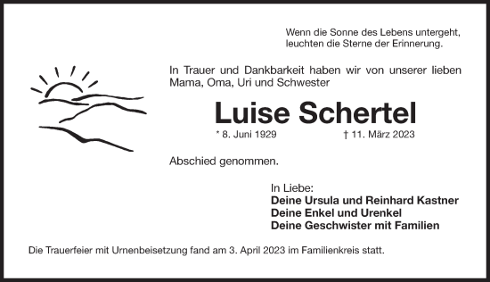 Traueranzeige von Luise Schertel von Der Bote