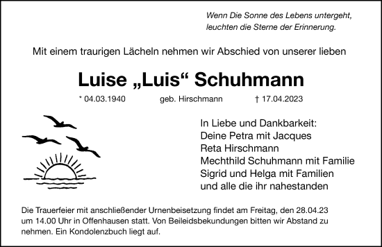 Traueranzeige von Luise Schuhmann von Hersbrucker Zeitung Lokal