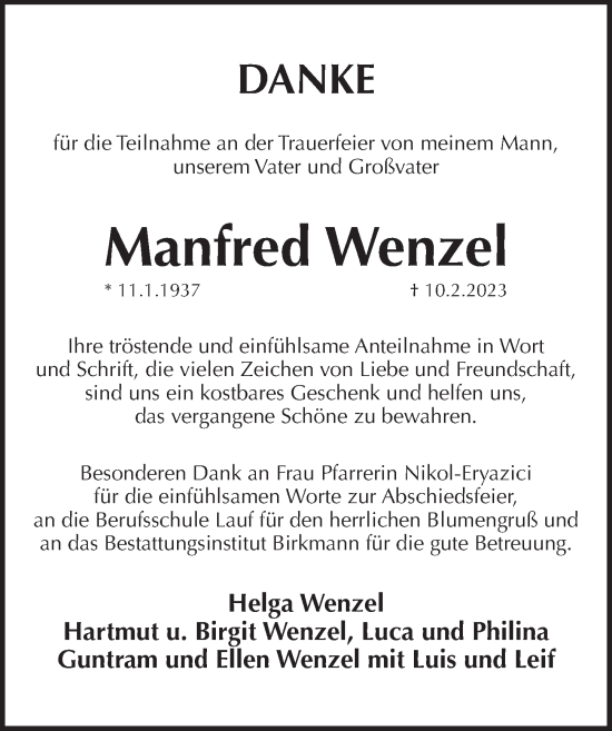 Traueranzeige von Manfred Wenzel von Pegnitz-Zeitung