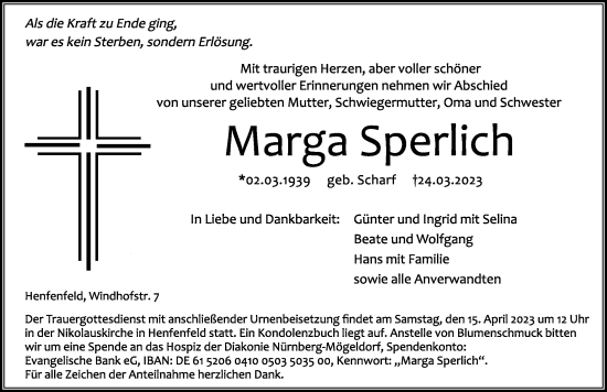 Traueranzeige von Marga Sperlich von Hersbrucker Zeitung Lokal