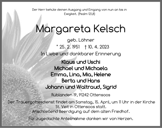Traueranzeige von Margareta Kelsch von Pegnitz-Zeitung