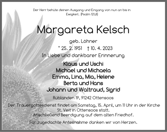Traueranzeige von Margareta Kelsch von Hersbrucker Zeitung Lokal