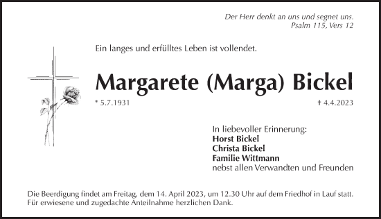 Traueranzeige von Margarete  Bickel von Pegnitz-Zeitung