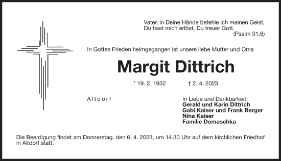 Traueranzeige von Margit Dittrich von Der Bote
