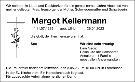 Traueranzeige von Margot Kellermann von Hersbrucker Zeitung Lokal