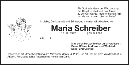 Traueranzeige von Maria Schreiber von Der Bote