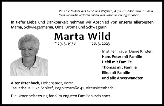 Traueranzeige von Marta Wild von Hersbrucker Zeitung Lokal