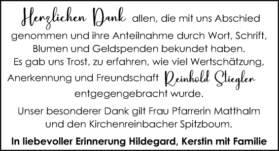 Traueranzeige von Reinhold Stiegler von Hersbrucker Zeitung Lokal