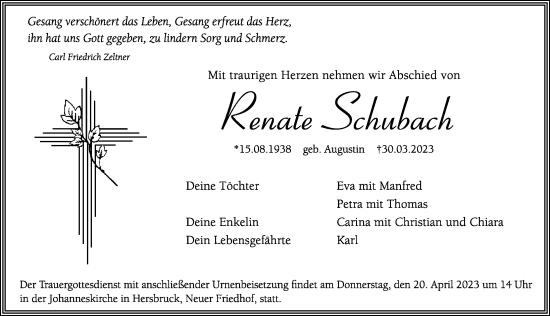 Traueranzeige von Renate Schubach von Hersbrucker Zeitung Lokal