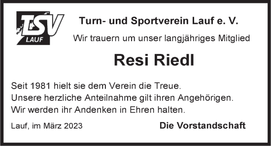 Traueranzeige von Resi Riedl von Pegnitz-Zeitung