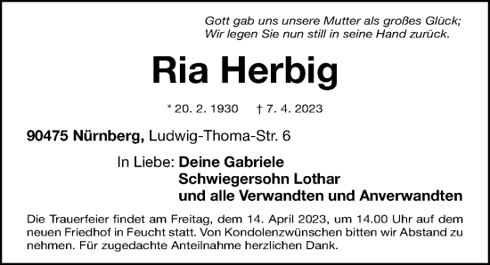 Traueranzeige von Ria Herbig von Der Bote