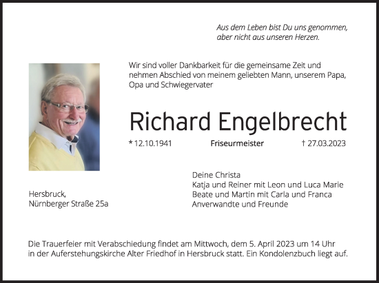 Traueranzeige von Richard Engelbrecht von Hersbrucker Zeitung Lokal