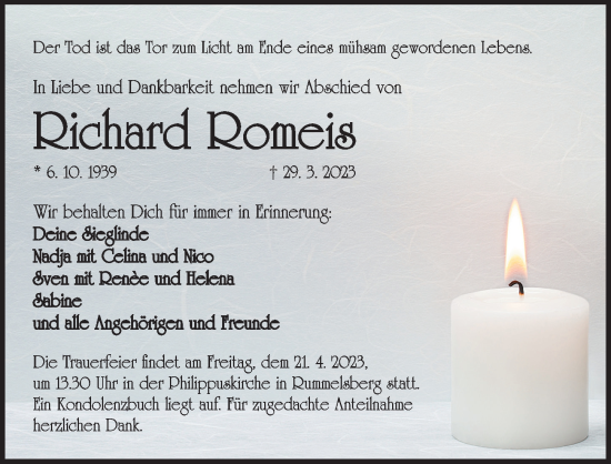 Traueranzeige von Richard Romeis von Der Bote