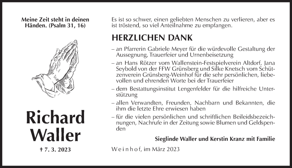  Traueranzeige für Richard Waller vom 04.01.2023 aus Der Bote