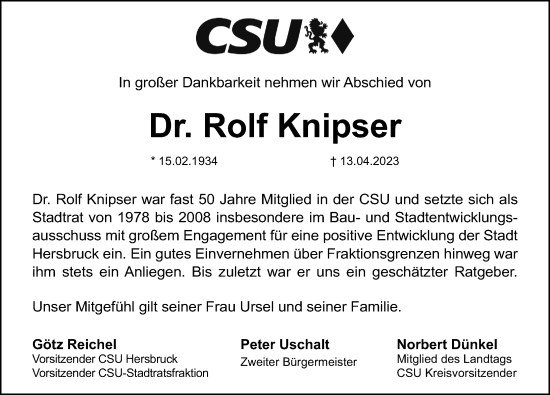 Traueranzeige von Rolf Knipser von Hersbrucker Zeitung Lokal