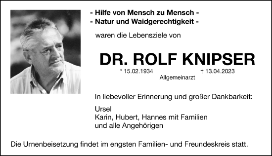 Traueranzeige von Rolf Knipser von Hersbrucker Zeitung Lokal