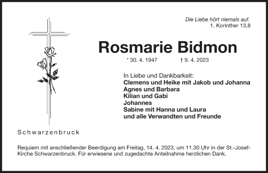 Traueranzeige von Rosmarie Bidmon von Der Bote