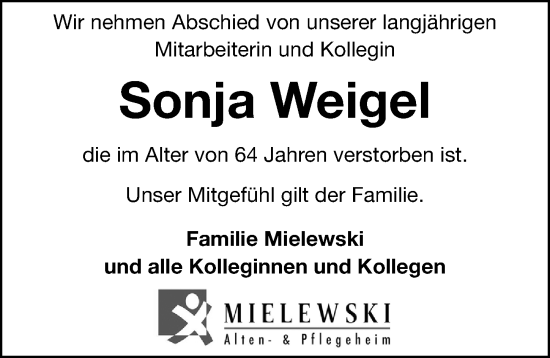 Traueranzeige von Sonja Weigel von Hersbrucker Zeitung Lokal