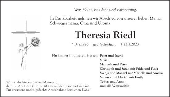 Traueranzeige von Theresia Riedl von Pegnitz-Zeitung
