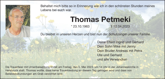 Traueranzeige von Thomas Petmeki von Hersbrucker Zeitung Lokal