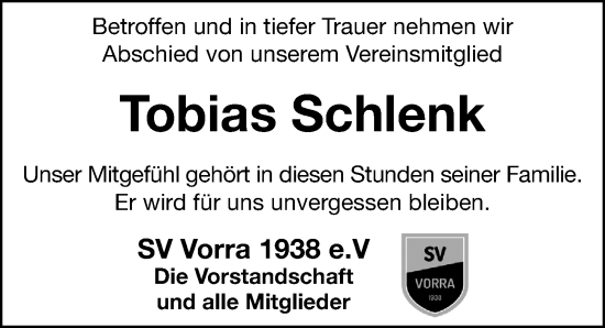 Traueranzeige von Tobias Schlenk von Hersbrucker Zeitung Lokal