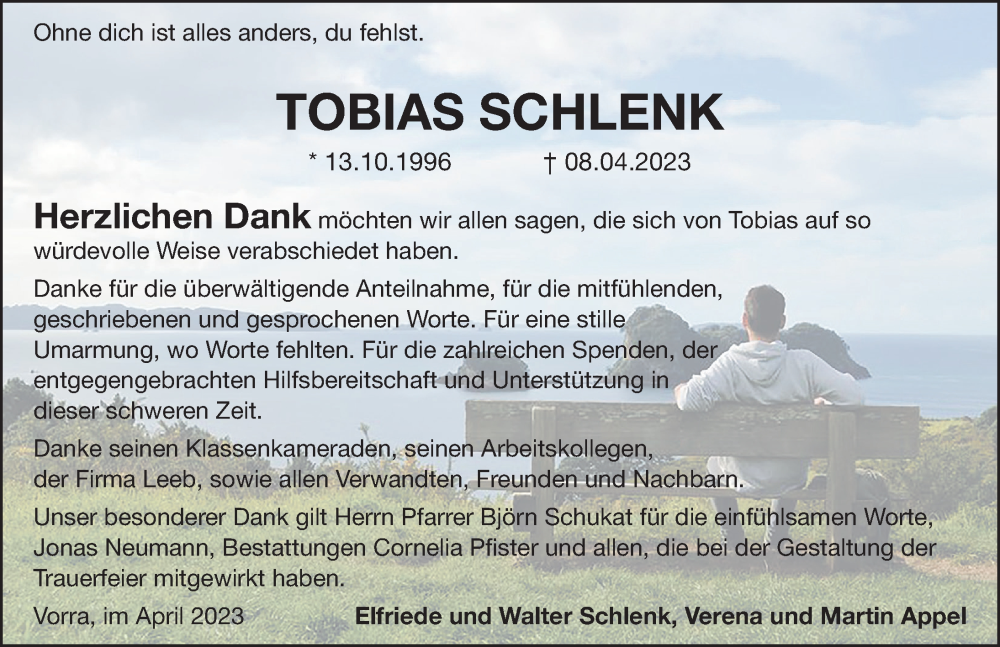  Traueranzeige für Tobias Schlenk vom 29.04.2023 aus Hersbrucker Zeitung Lokal