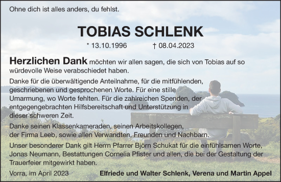 Traueranzeige von Tobias Schlenk von Hersbrucker Zeitung Lokal