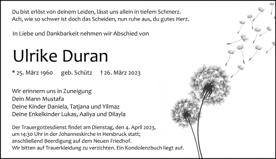 Traueranzeige von Ulrike Duran von Hersbrucker Zeitung Lokal