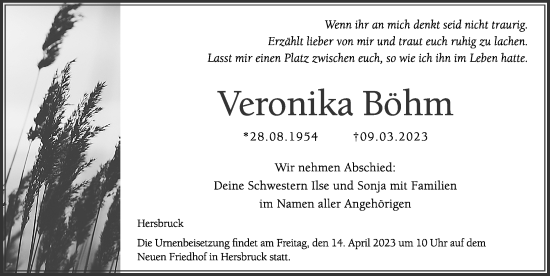 Traueranzeige von Veronika Böhm von Hersbrucker Zeitung Lokal