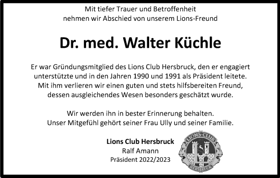 Traueranzeige von Walter Küchle von Hersbrucker Zeitung Lokal