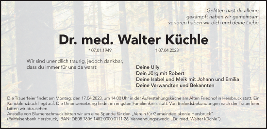 Traueranzeige von Walter Küchle von Hersbrucker Zeitung Lokal